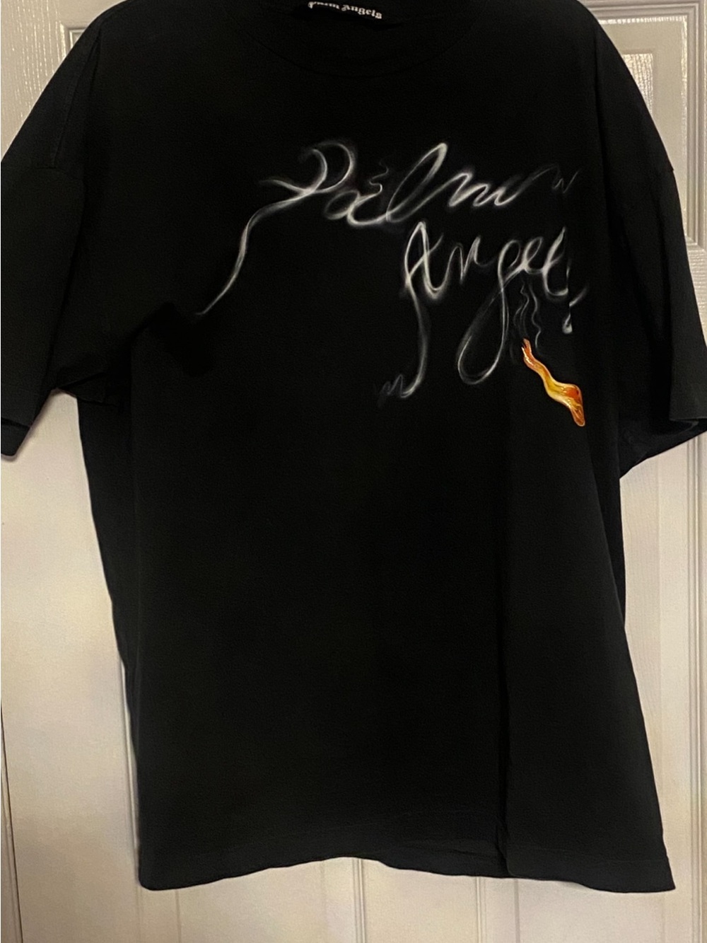 Palm Angels Black Tee with Smoky Script and Small Orange Flame